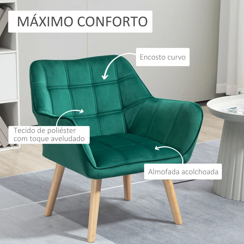 HOMCOM Poltrona Moderna de Sala Estofada em Veludo com Pés de Madeira Cadeira Relax para Sala de Estar Verde