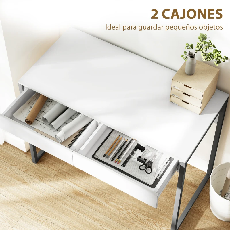 HOMCOM Secretária com 2 Gavetas 100x50 cm Mesa de Computador Pernas de Aço para Casa Escritório Espaços Pequenos Branco Brilhante