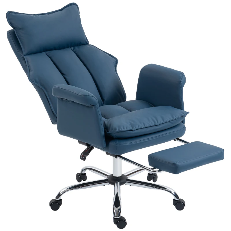 HOMCOM Cadeira de Secretária com Apoio para os Pés  Encosto Reclinável Estofada em Couro Sintético 69x65x108-116 cm Azul