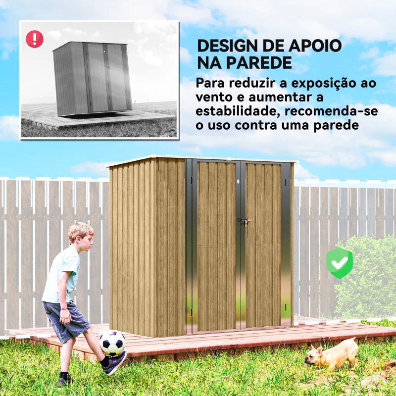 Outsunny Abrigo de Jardim Exterior Metálico 1,37 m² 163x89x163 cm com Telhado Inclinado, Portas com Fecho e Luvas Castanho