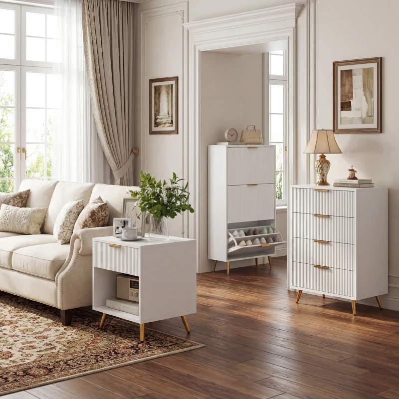 HOMCOM Meuble à chaussures 18 paires avec 3 tiroirs rabattables, portes cannelées et étagères réglables, 60x24x122,5cm, blanc