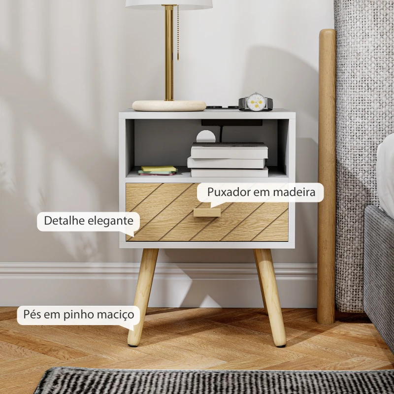 HOMCOM Mesa de Cabeceira com Estação de Carregamento Gaveta 2 Tomadas AC Porta USB e Tipo-C  40x35x54,7 cm Branco