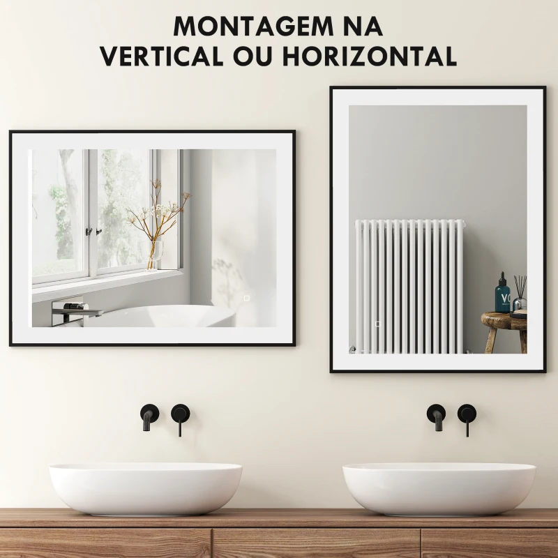 HOMCOM Espelho Casa de Banho com Luz LED 80x60 cm Iluminação Ajustável Função Anti-Embaciamento Função Memória Preto