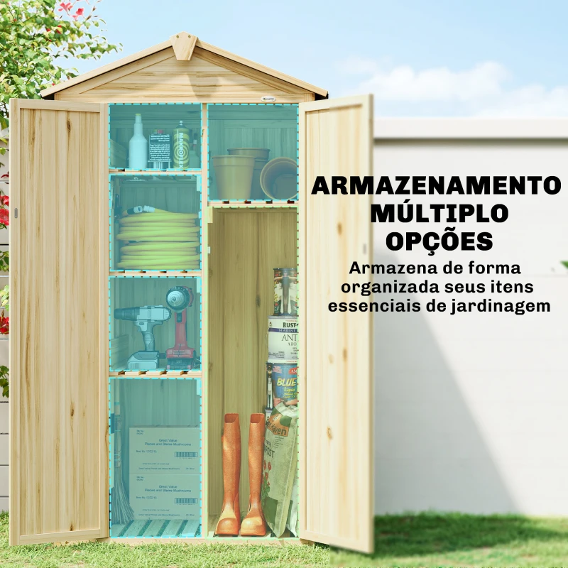 Outsunny Armário de Jardim em Madeira 93x53x168 cm Armário Exterior para Ferramentas com Portas Trancáveis 4 Prateleiras Madeira
