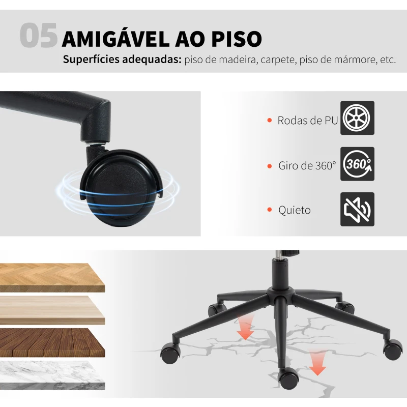 HOMCOM Cadeira de Escritório com Assento Largo sem Apoios de Braço Rodas Altura Ajustável Giratória Função Basculante 62x67x83-93 cm Cinza
