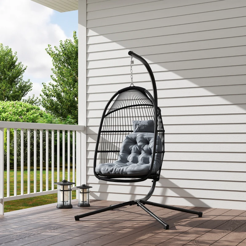 Outsunny Cadeira Suspensa Tipo Ovo com Estrutura, Cesta Dobrável Almofada e Apoio de Cabeça para Interior e Exterior Suporta 150 kg Cinzento