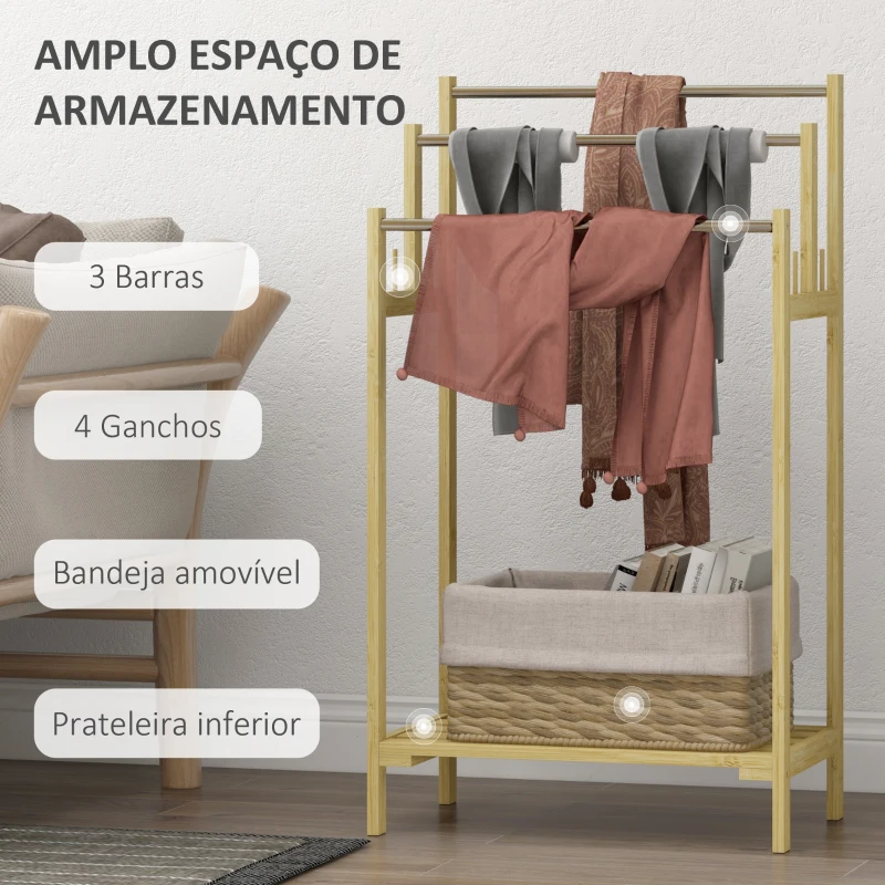 HOMCOM Toalheiro de Pé de Bambu com 3 Barras de Aço Inoxidável Prateleira Aberta 50,5x31x90 cm Natural