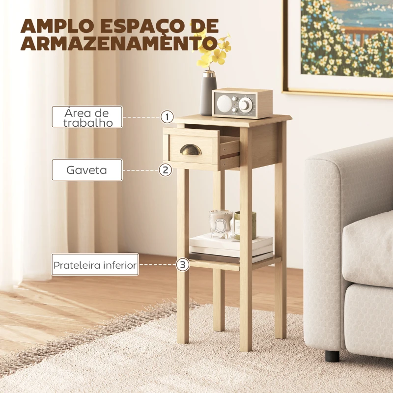 HOMCOM Mesa de Apoio com Gaveta e Prateleira de Armazenamento Estilo Moderno 30x30x75 cm Madeira