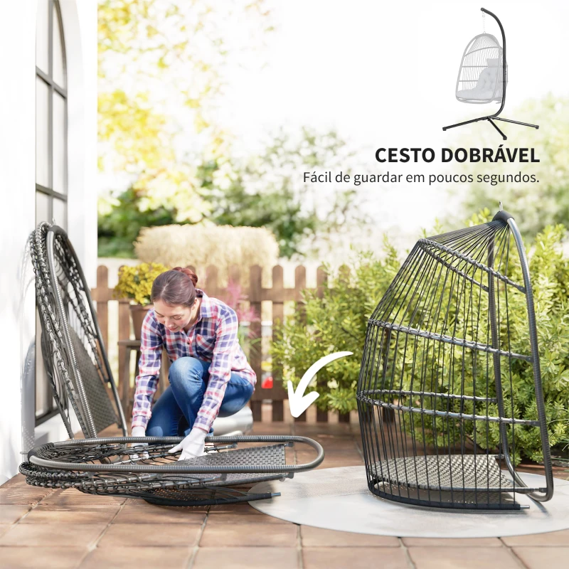 Outsunny Cadeira Suspensa Tipo Ovo com Estrutura, Cesta Dobrável Almofada e Apoio de Cabeça para Interior e Exterior Suporta 150 kg Cinzento