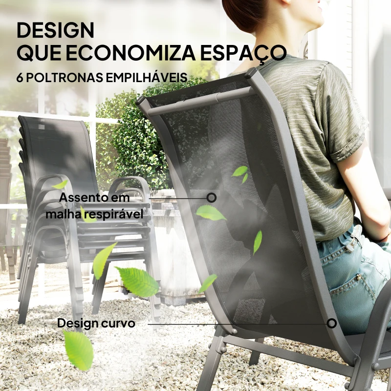Outsunny Conjunto de Mesa e 6 Cadeiras para Terraço com Orifício para  Chapéu de Sol e Tampo em Vidro para Terraço ou Pátio Cinzento