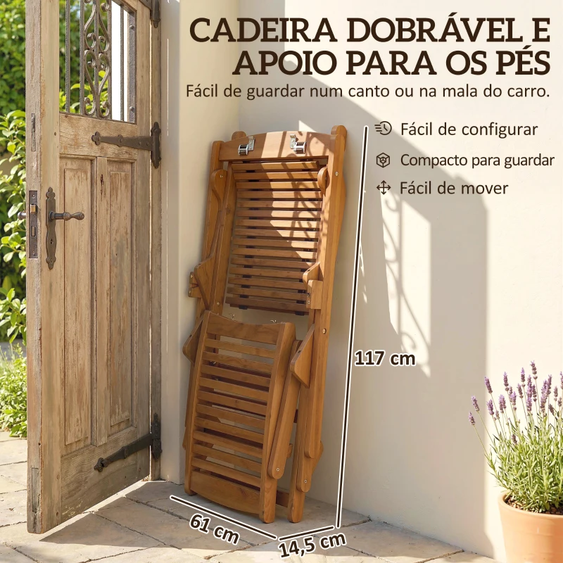 Outsunny Espreguiçadeira Dobrável de Madeira de Acácia com Descanso para os Pés Removível e Almofada com Apoio de Cabeça 158x61x70 cm Bege
