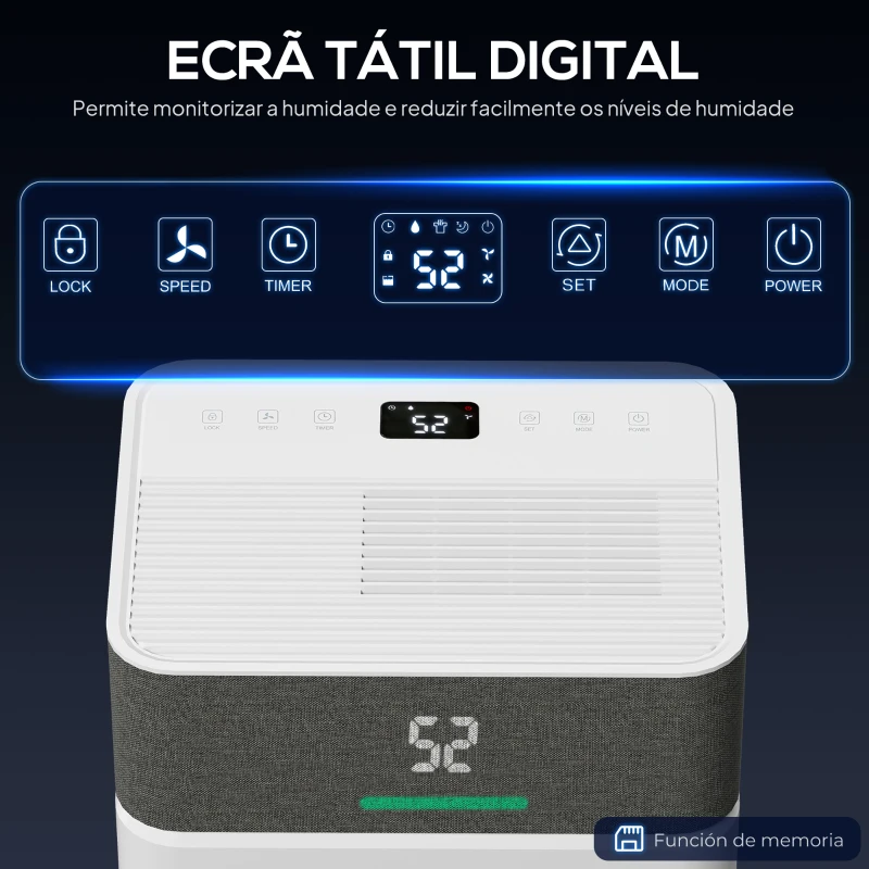 HOMCOM Desumidificador 12L/dia Depósito 2,1L Silencioso Desumidificador Elétrico com 4 Modos Ecrã LED Temporizador até 12-25㎡ Branco
