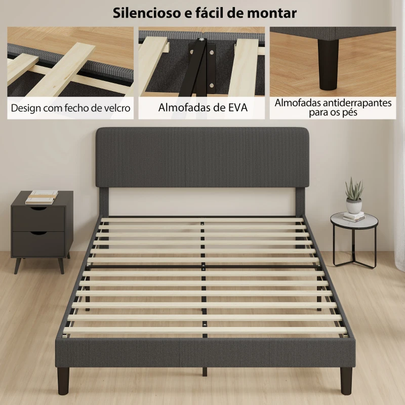 HOMCOM Cama 160x200 cm com Cabeceira Ajustável Estofada em Bombazina Ripas de Madeira Montagem Fácil Cinza Escuro