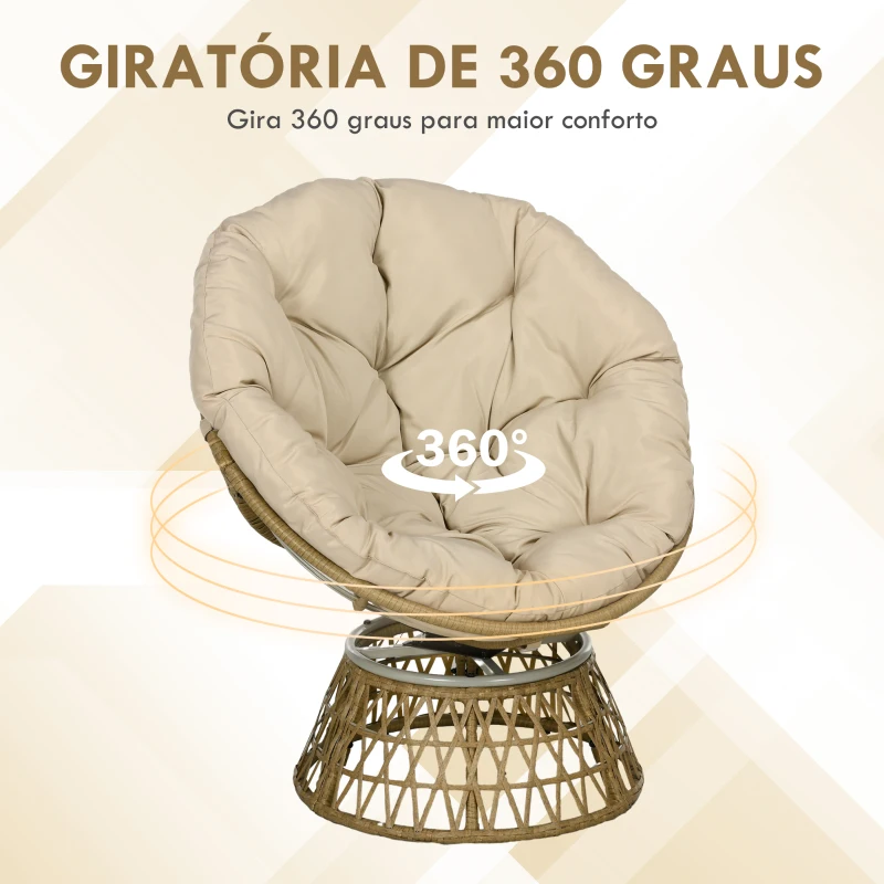 Outsunny Cadeira Papasan Giratória de Vime Sintético com Almofada Suporta 120 kg para Exterior Jardim Terraço 85x70x82 cm Castanho e Cáqui
