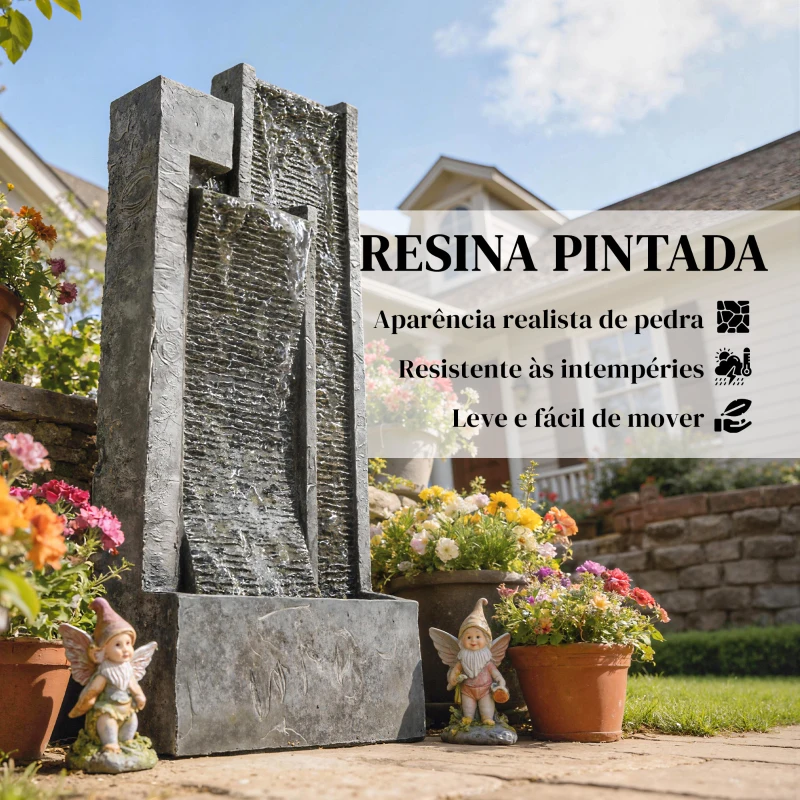 Outsunny Fonte de Água Decorativa com Iluminação LED e Vaso Fonte de Jardim Exterior em Cascata de 3 Níveis com Bomba Resistente à Intempérie para Jardim Pátio 38x19x101 cm Cinzento Escuro