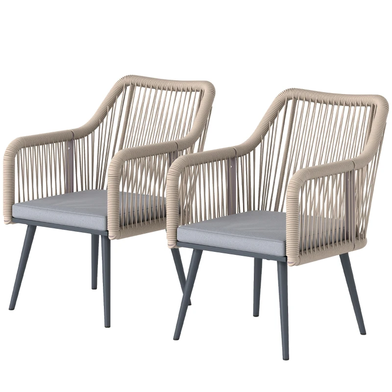 Outsunny Conjunto de 2 Cadeiras de Jardim Exterior em Vime com Almofadas Apoios de Braço e Estrutura de Aço 54x65x80 cm Cinza