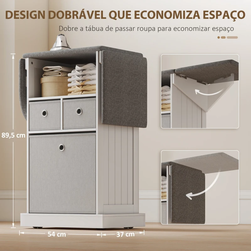 HOMCOM Móvel para Engomar Roupa com Rodas Tábua de Engomar Dobrável com 3 Gavetas Compartimento Aberto 121x37x89,5 cm Branco