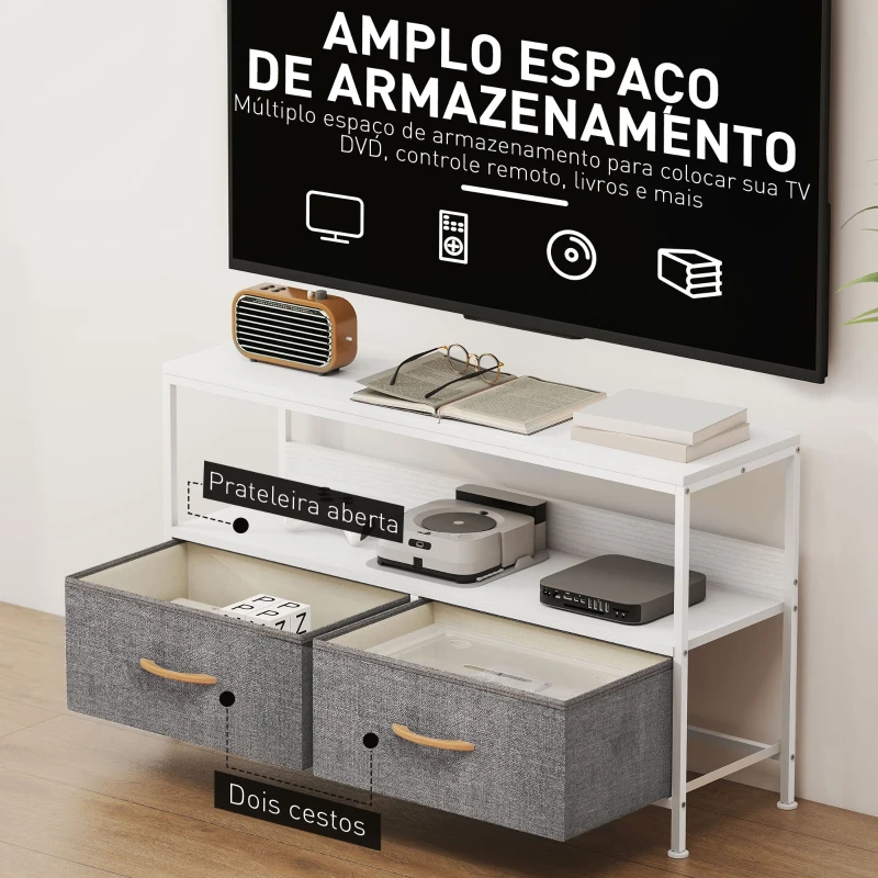 HOMCOM Móvel de TV com Prateleira e 2 Gavetas de Tecido Dobráveis para Televisores até 47 Polegadas  98x29x56 cm Branco e Cinza
