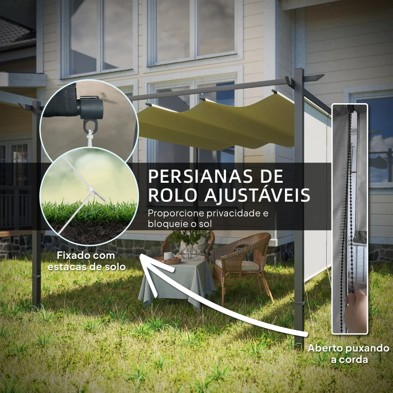 Outsunny Pérgola com Teto Retrátil de 390x293x220 cm Pérgola de Parede ou Independente com Lados Enroláveis Proteção UV30+ Bege