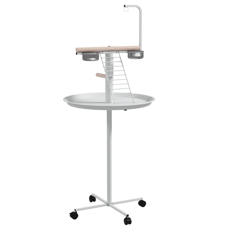 PawHut Mangeoire à oiseaux sur pied avec 4 roulettes perchoir 2 bols amovibles plateau rond acier inoxydable Ø 60 x 138H cm blanc