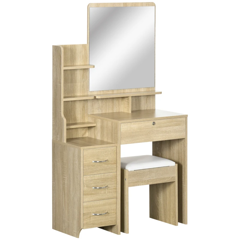 HOMCOM Toucador de Maquilhagem com Banco Espelho 4 Gavetas 4 Compartimentos de Armazenamento Estilo Moderno 80x38x143 cm Madeira
