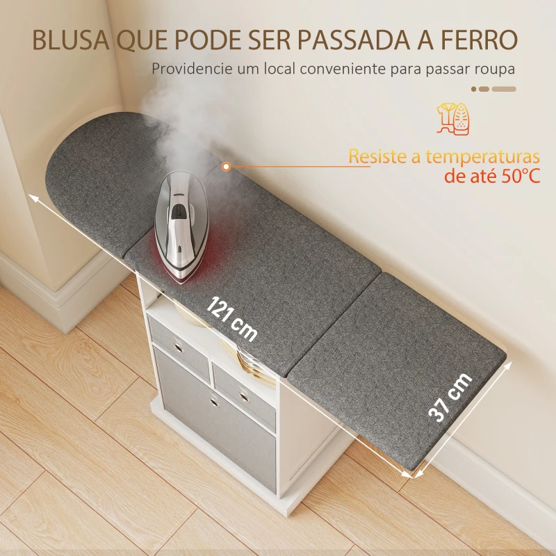 HOMCOM Móvel para Engomar Roupa com Rodas Tábua de Engomar Dobrável com 3 Gavetas Compartimento Aberto 121x37x89,5 cm Branco