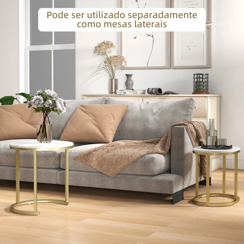 HOMCOM Conjunto de 2 Mesas de Centro Mesas Auxiliares Modernas com Bancada de Efeito Mármore e Estrutura de Aço para Sala Quarto Dourado