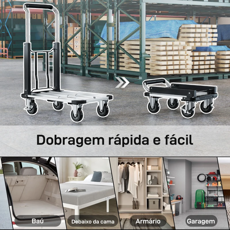 HOMCOM Carro de Transporte Dobrável de Alumínio com Rodas Plataforma Extensível e Pega Ajustável  71,5x42x95 cm Prata e Preto