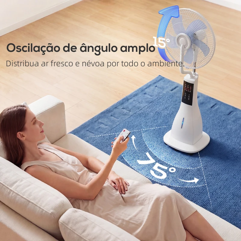 HOMCOM Ventoinha Nebulizadora 90W com Oscilação 75° 3 Velocidades 3 Modos Temporizador 7,5h e 5 Rodas 44,5x38,5x120 cm Branco
