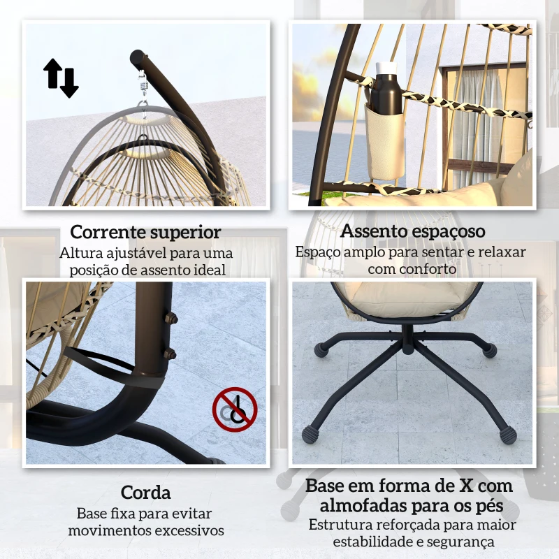 Outsunny Cadeira Suspensa com Suporte Cesta Dobrável Almofada e Encosto para Cabeça Interior e Exterior 120 kg Caqui