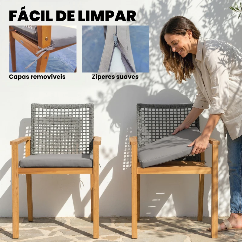 Outsunny Conjunto de 2 Cadeiras de Jardim Exterior em Madeira Empilháveis com Almofadas Removíveis Braços Encosto 59x55x86 cm Madeira