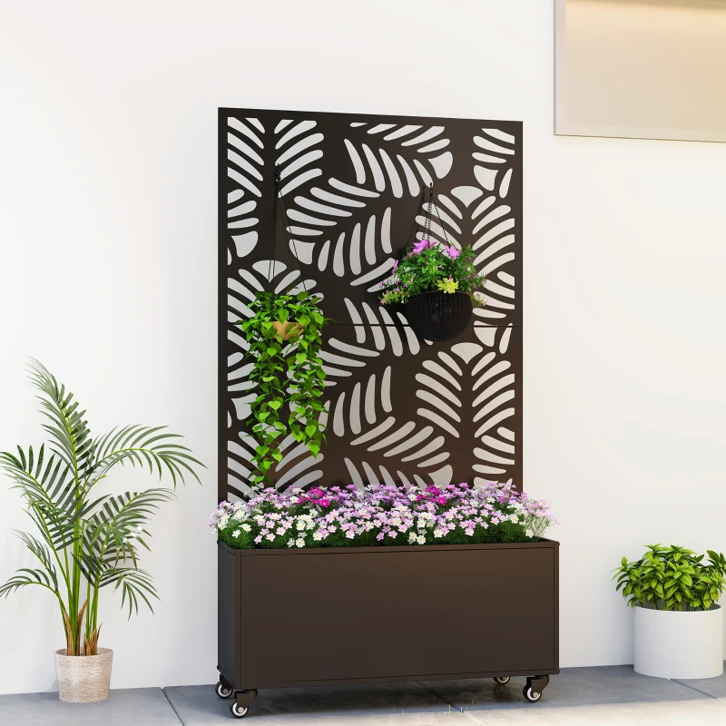 Outsunny Floreira Exterior Grande com Rodas e Painel de Privacidade com Folhas de Monstera Estrutura de Metal 90x30x160 cm Preto