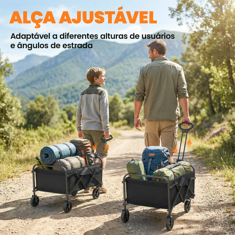 Outsunny Carrinho de Jardim Dobrável com Rodas Cabo Ajustável Carga 68 kg para Camping e Compras 81x45x89 cm Preto
