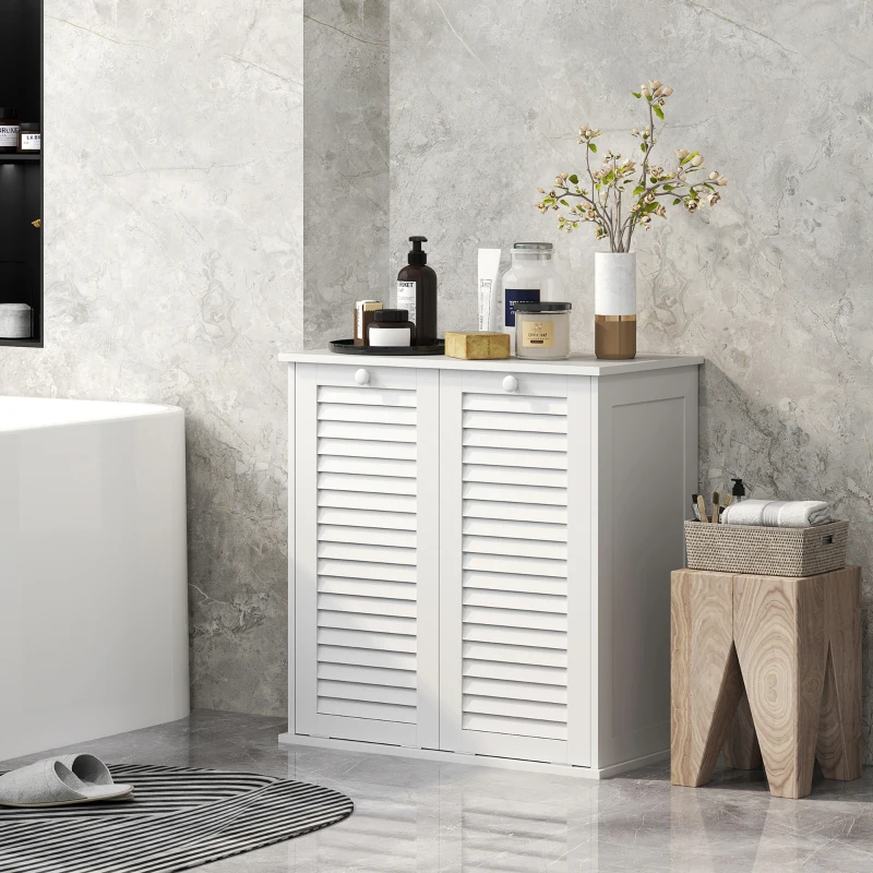 HOMCOM Meuble salle de bain avec panier à linge armoire salle de bain en bois portes persiennes 2 paniers 70 x 38 x 73 cm blanc