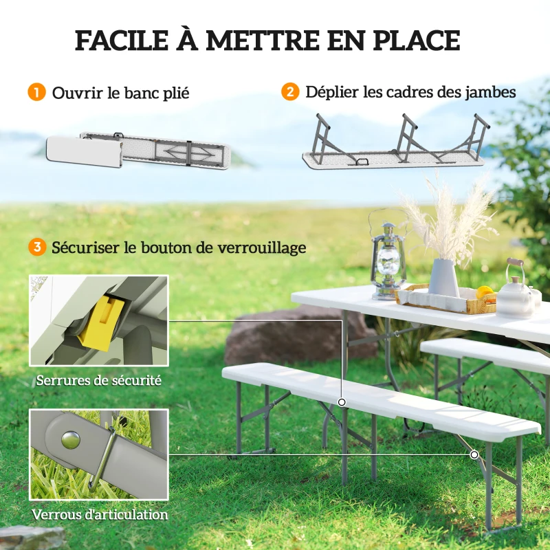 Outsunny Banc de jardin Lot de 2 bancs pliants avec poignée de Transport en Métal et HDPE 182 x 28 x 42 cm Blanc
