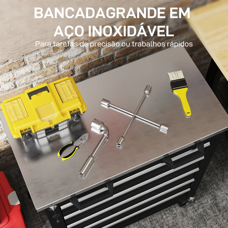 HOMCOM Carrinho de Ferramentas com 5 Gavetas Fecho Rodas com Travão e Bancada em Aço Inoxidável 65,5x34,5x76 cm Preto e Prateado
