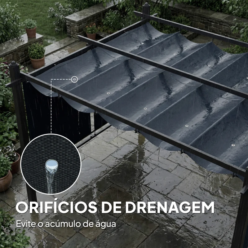 Outsunny Pérgola de Jardim 4x3 m com Cortinas Automáticas e Teto Retrátil Pérgola com UPF50+ Cinzento Escuro