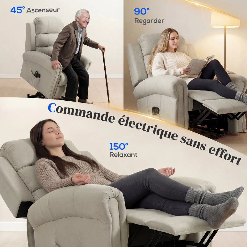 HOMCOM Fauteuil releveur électrique, fauteuil relax électrique avec fonction massage et chauffage, 87 x 87,5 x 108 cm, beige