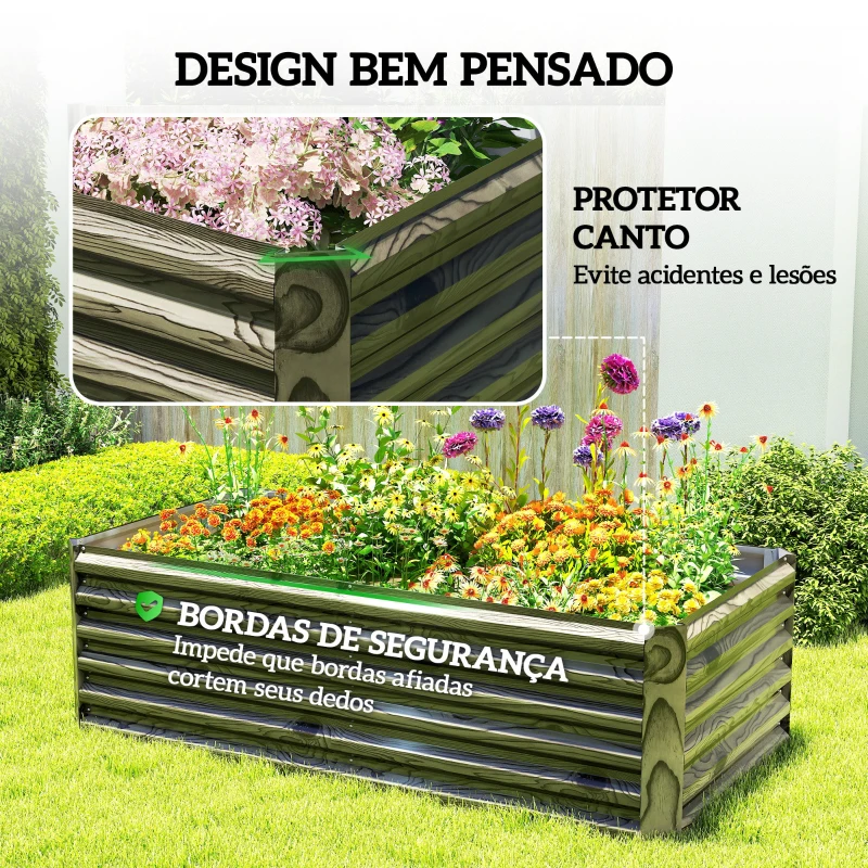 Outsunny Floreira Exterior Grande Retangular de Aço Galvanizado para Terraço com Base Aberta 180x90x57,5 cm Madeira