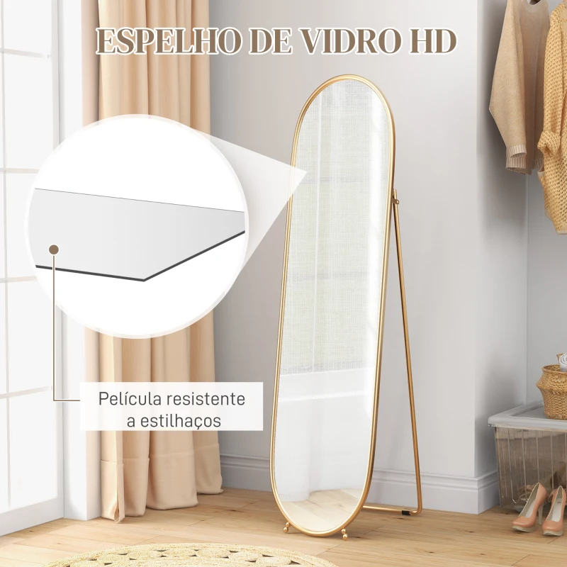 HOMCOM Espelho de Pé Oval 160x40 cm Espelho de Corpo Inteiro com Moldura Metálica Suporte e 2 Formas de Utilização Dourado