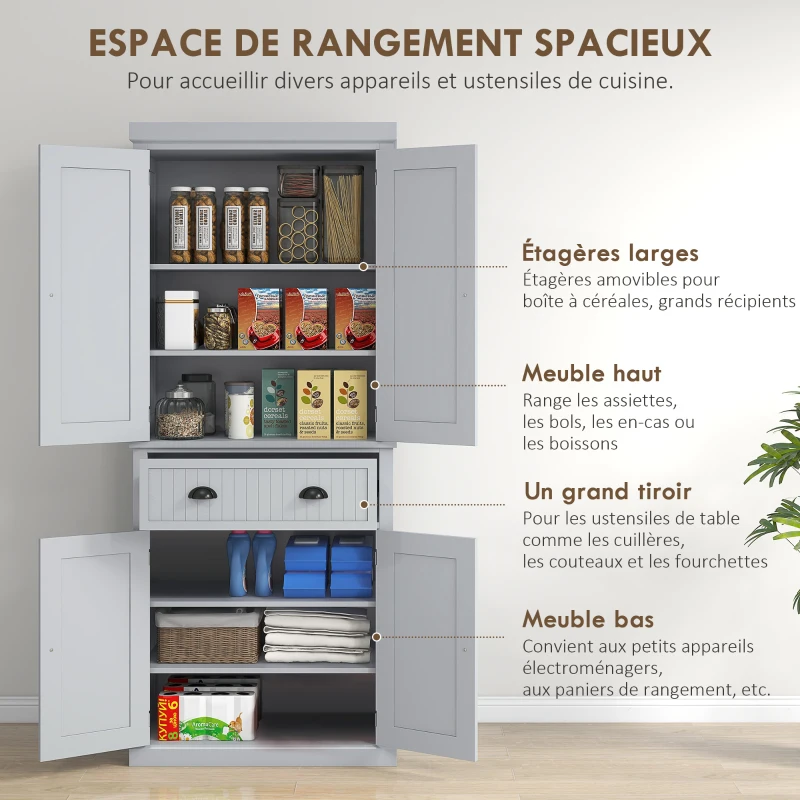 HOMCOM Armoire de cuisine buffet cuisine multi-rangements étagères réglables 4 portes grand tiroir 76,2 x 40,2 x 183 cm gris