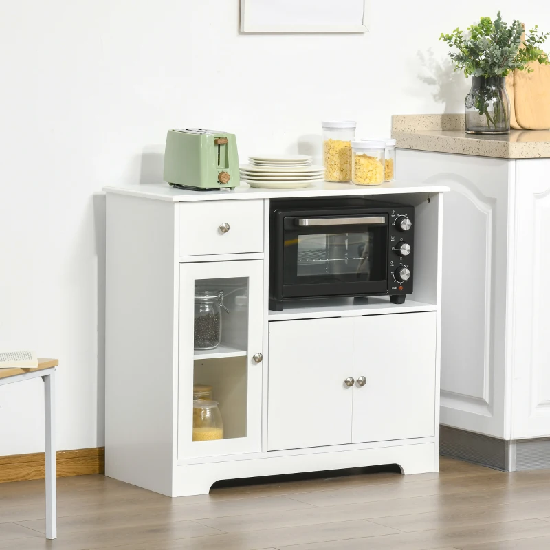 HOMCOM Meuble micro-ondes, buffet cuisine, armoire de rangement, pour cuisine, salle à Manger 90 x 40 x 82 cm verre trempé et bois, blanc