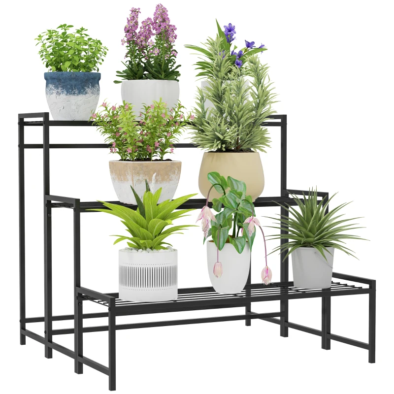 Outsunny Suporte para Plantas de Três Níveis com Design em Escada e Estrutura Metálica Resistente para Interior e Exterior