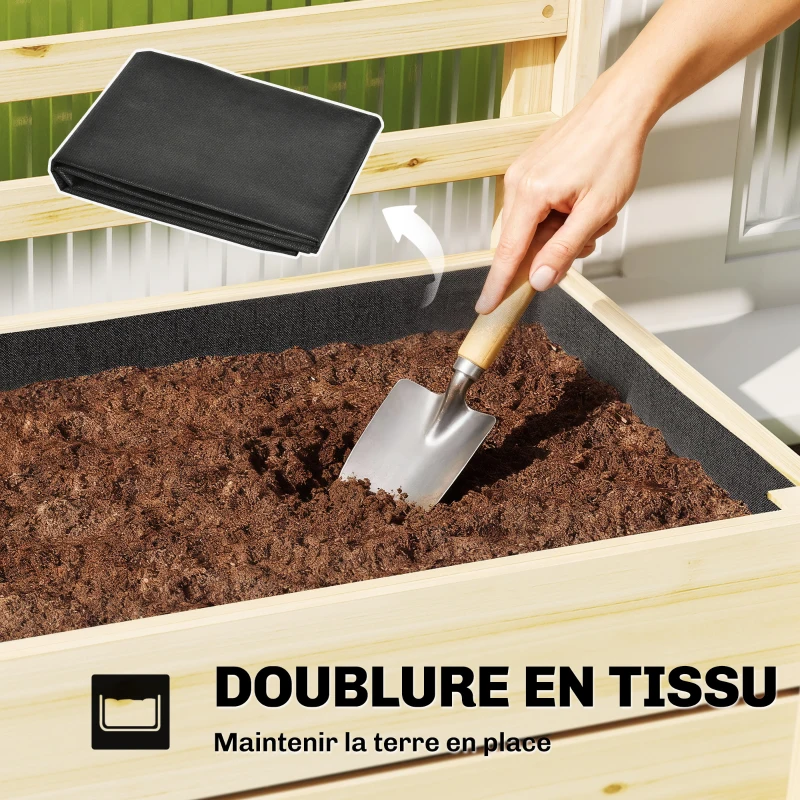 Outsunny Jardinière avec treillis, bac à fleurs avec brise-vue, trou de drainage et doublure intérieure, 60 x 39 x 120 cm, bois naturel
