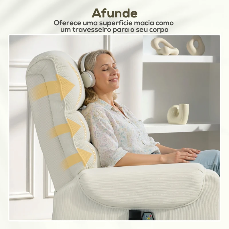 HOMCOM Poltrona Levanta Pessoas com Reclinação Elétrica em até 135° e com 8 Zonas de Massagem 83x92x110 cm Bege