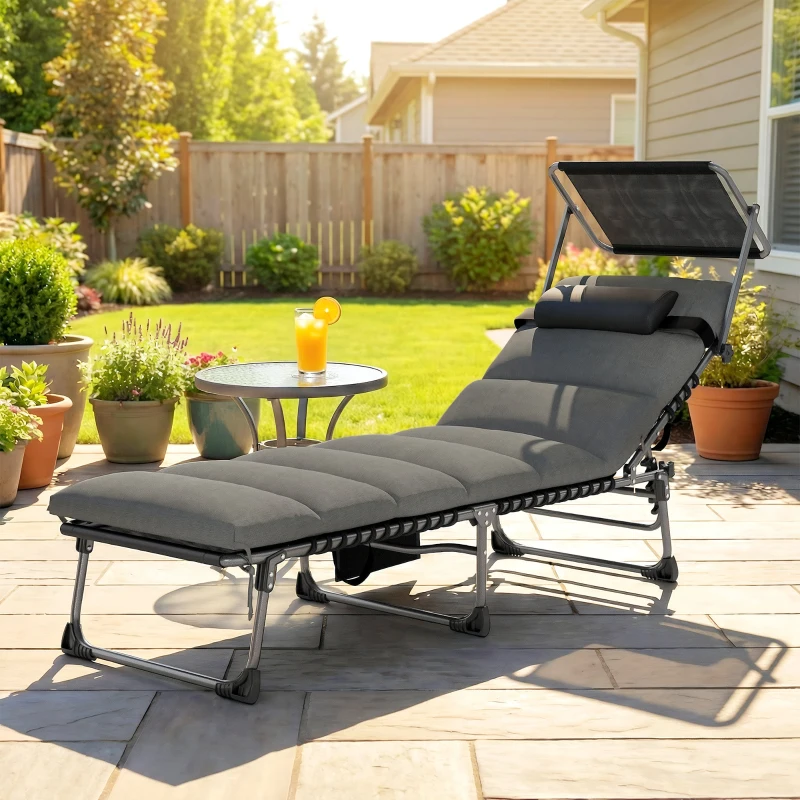 Outsunny Tumbona 5 Posiciones Reclinables, con Toldo, Cojín, Reposacabezas y Bolsillo Lateral, 190x57x30cm, Gris Oscuro