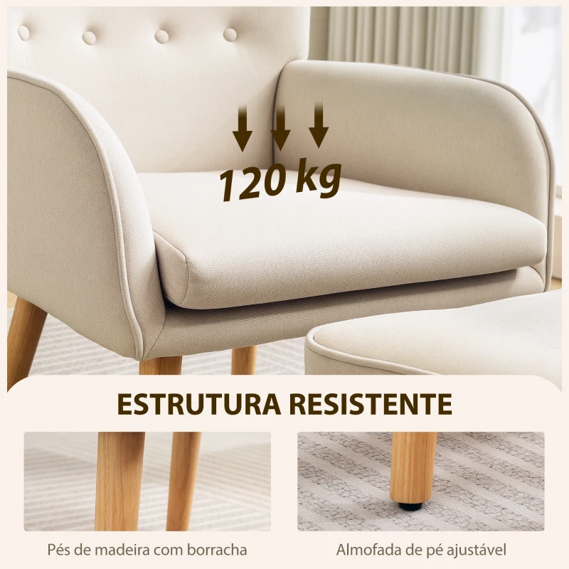 HOMCOM Poltrona com Apoio para Pés Poltrona de Leitura com Capitonê Pés de Madeira e Revestimento em Linho 70x72x94 cm Bege