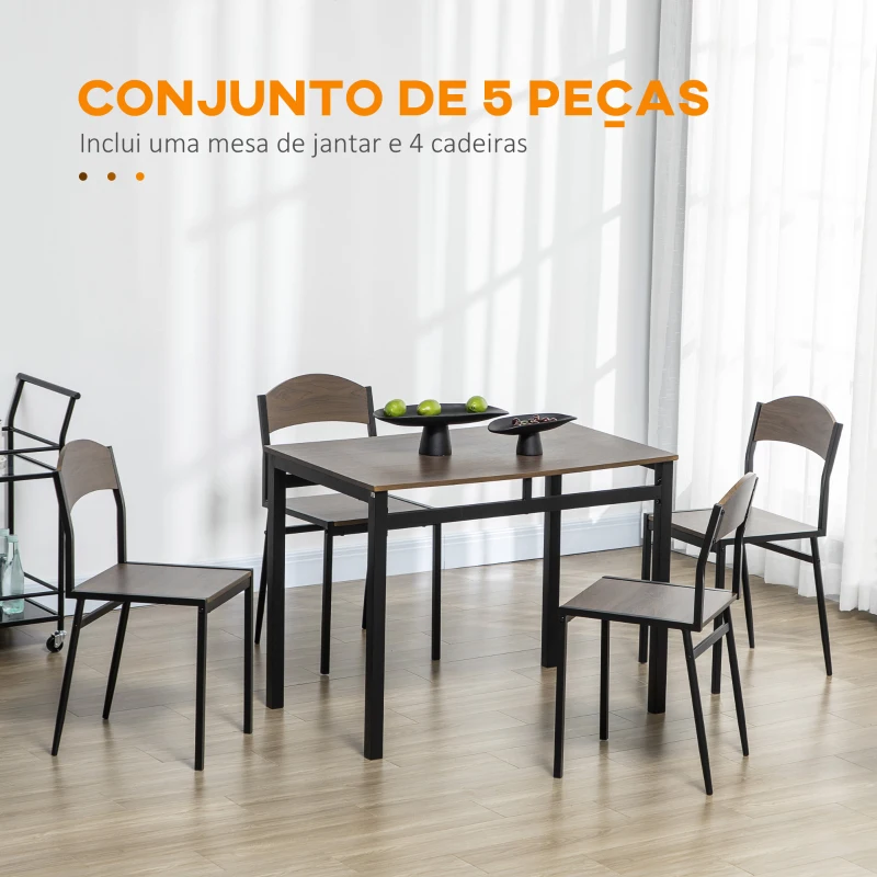 HOMCOM Conjunto de Mesa e Cadeiras de Refeição Mesa de Cozinha Retangular com 4 Cadeiras Estilo Moderno Castanho Escuro e Preto