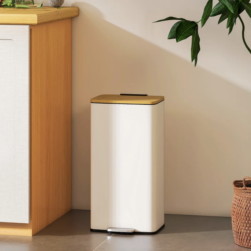 HOMCOM Balde de Lixo de Cozinha com Pedal 20L Tampa de Bambu com Fecho Suave 29,5x29,5x56,8 cm Branco e Madeira