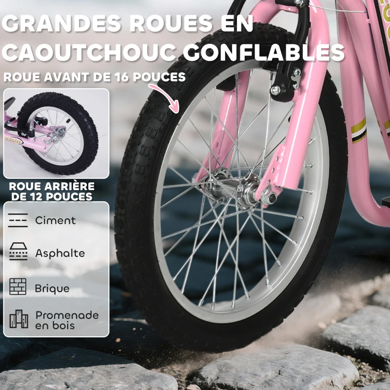 HOMCOM Trottinette patinette Enfant à partir de 5 Ans Grands pneus Guidon réglable poignées Freins et béquille Acier Rose